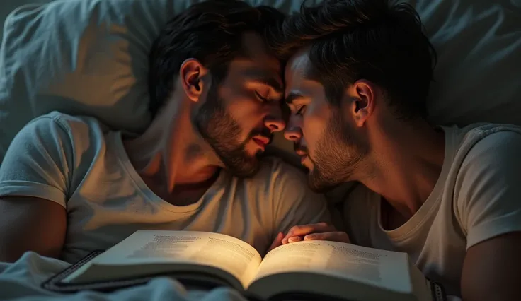 Two men sitting side by side, visibly in love. As they look into each others eyes, their surroundings appear calm. However, a voice echoes in the background, with an open Bible next to them, highlighting passages that talk about immoral acts.