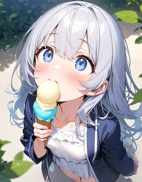 Open uniform,beautiful girl,Ultra-high resolution,Small breasts,Eating ice cream while looking up,Shyness,blush,