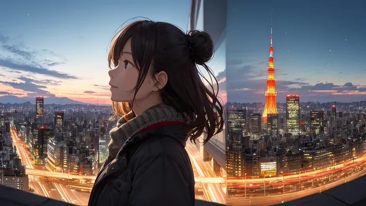 Shiraishi Mei, Looks exactly like Shiraishi Mei,A woman looking up at the sky ,  Dark brown hair, , Bun Hair。One person travel、20th Generation、Right beside･profile、As if looking up、To see into the distance、Tokyo、Night view、Tokyoタワー、Skyscraper district、phot...