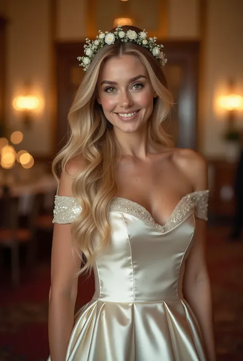 Realistic shot of a upper body portrait of a young blonde German bride aged 24 with long hair, hair band, Flower in hair, Necklace, smile. She playfully bends in front of the camera in a shiny metallic satin A-line wedding dress with off shoulder straps......