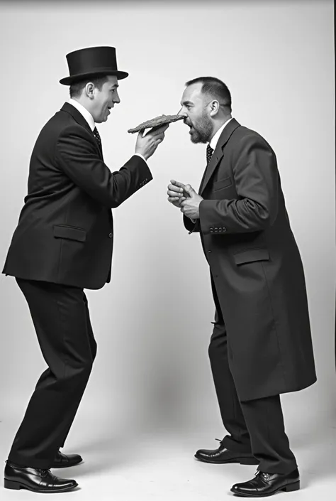 A person throwing pie in another person&#39;s face slapstick realistic image black and white costumes 1910
