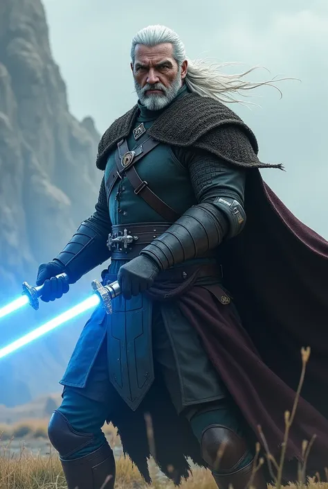 Geralt of Rivia as a Jedi,, blue lightsaber,, imposing,, wrath strike,,