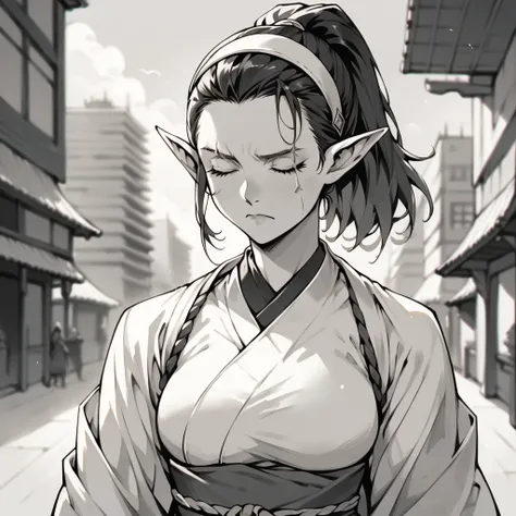 1girl, Solo, Closed Eyes, Ponytail, Breasts, Long Pointy Ears, Closed Mouth, Frown, Blind Girl, Samurai Clothes, Modern City Background, Blurry Background, Monochrome, Hairband, Scar Across Eye, Modern city