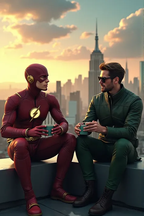 Flash(grant gustin) and the green arrow(Stephen amell) sitting with a cup of coffee on top of a building with sky scrapers behind them