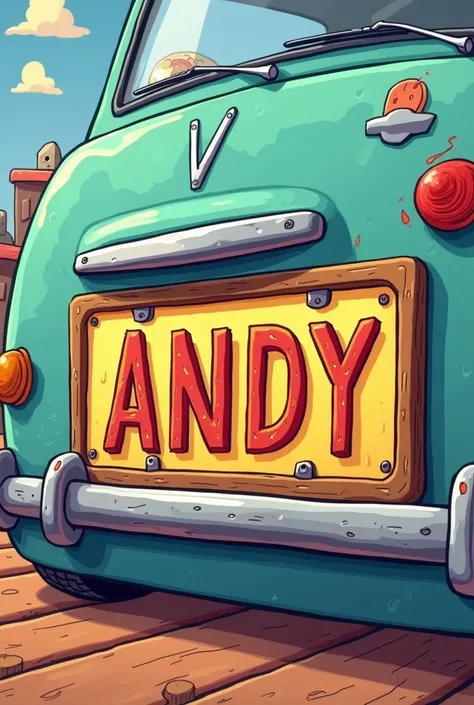 Cartoon car license plate with Andy written inside in Toy Story theme