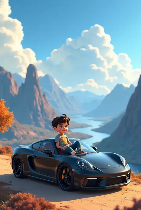 Create a Pixar style image of A young boy sits on top of a sleek black Porsche, wearing an oversized T-shirt, baggy jeans, and sneakers. He looks relaxed and happy, enjoying the stunning view of mountains and a winding river in the background. Fluffy cloud...