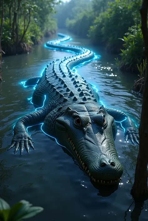 there is a crocodile in water facing up thier back showing electric effect on this crocodile nearby, electric eel in the Amazon river shore 