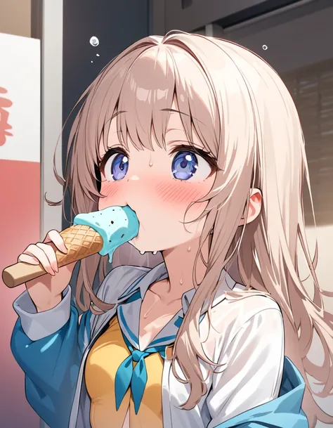 Open uniform,beautiful girl,Ultra-high resolution,Small breasts,Sweating,Eating ice cream while looking up shyly,blush,