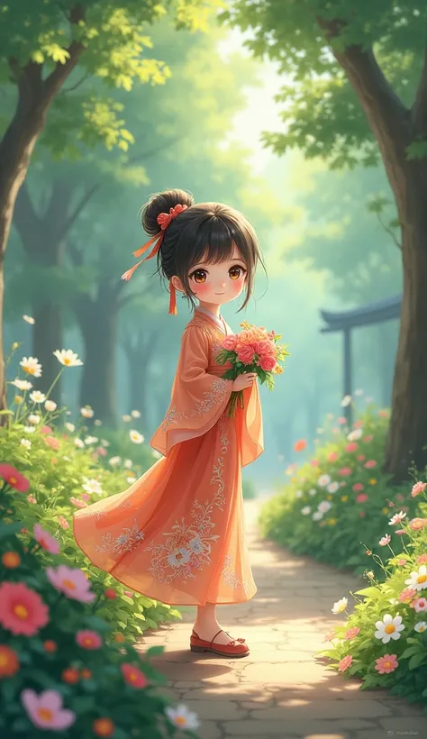 Cute girl in traditional Asian garden。Big, bright eyes，Colorful clothing，Lots of details，Beautiful embroidery and flowing skirt with flowers on the road, hands holding flowers outdoors with tall trees，Outdoor hazy anime