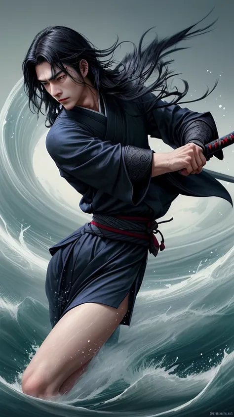 1 legendary swordsman,sasaki kojiro,refined sharp facial features,well-defined handsome appearance,long jet-black hair,natural silky texture,subtle highlights,calm composed expression,quiet confidence mastery,piercing thoughtful almond eyes,conveying wisdo...