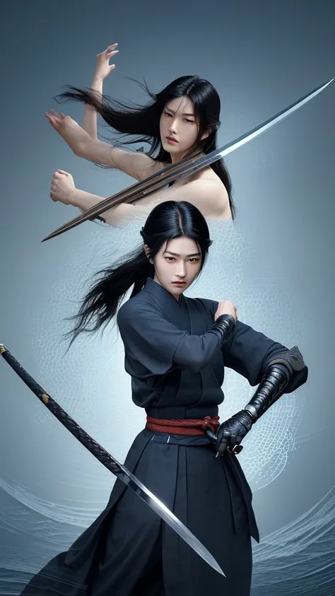 1 legendary swordsman,sasaki kojiro,refined sharp facial features,well-defined handsome appearance,long jet-black hair,natural silky texture,subtle highlights,calm composed expression,quiet confidence mastery,piercing thoughtful almond eyes,conveying wisdo...