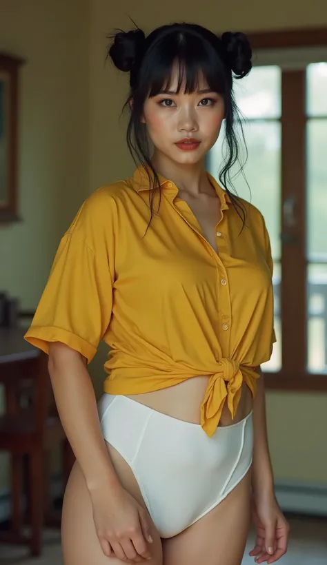 ((masterpiece, best quality)), ((((perfect anatomy)))), (((Curvy))) Chinese woman with black hairbuns, dark brown eyes, dark eye-shadow, ((white cotton fullback panties)), yellow shirt, realistically proportioned, big hips, ((vagina)), (((photo realistic))...