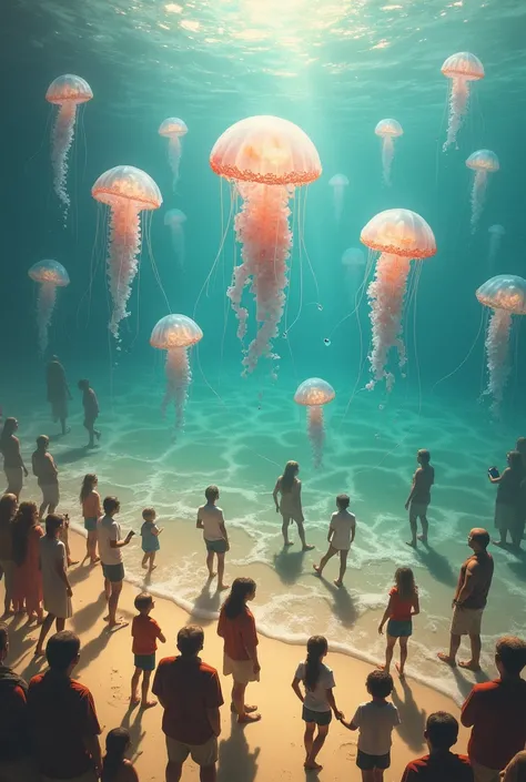 Jellyfish on the beach and many people are afraid