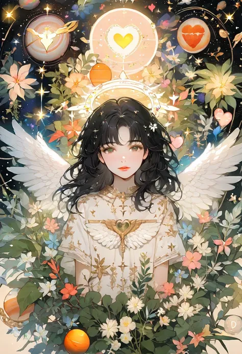 (masterpiece, best quality),subtle colors, post-grunge, concept art, paint splatters, intricate details. trends in art station, detailed depiction,contemporary art, BREAK (Her name is Zadkiel, a beautiful angel with a heart of compassion.teenage,black hair...