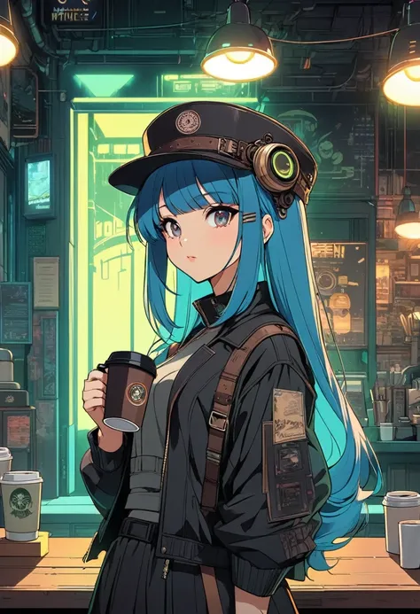 anime girl with blue hair and steam punk hat holding a coffee cup, mysterious coffee shop girl, digital cyberpunk - anime art, anime vibes, retro anime girl, cyberpunk anime girl, modern anime style, digital cyberpunk anime art, anime aesthetic, anime cybe...