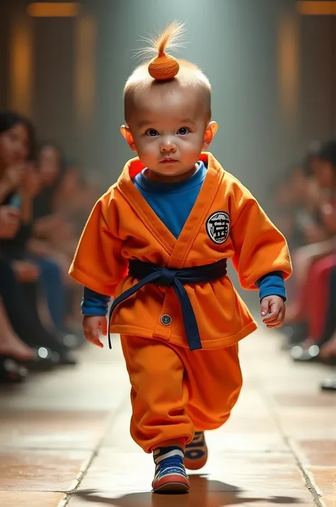 Human baby in a fashion show walking down the catwalk wearing a costume of the character Pan from Dragon Ball  , photo in 8k, 