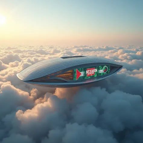 Palestine flying stadium,flying in the sky,with Palestine flag LED screen on outer wall,modern futuristic