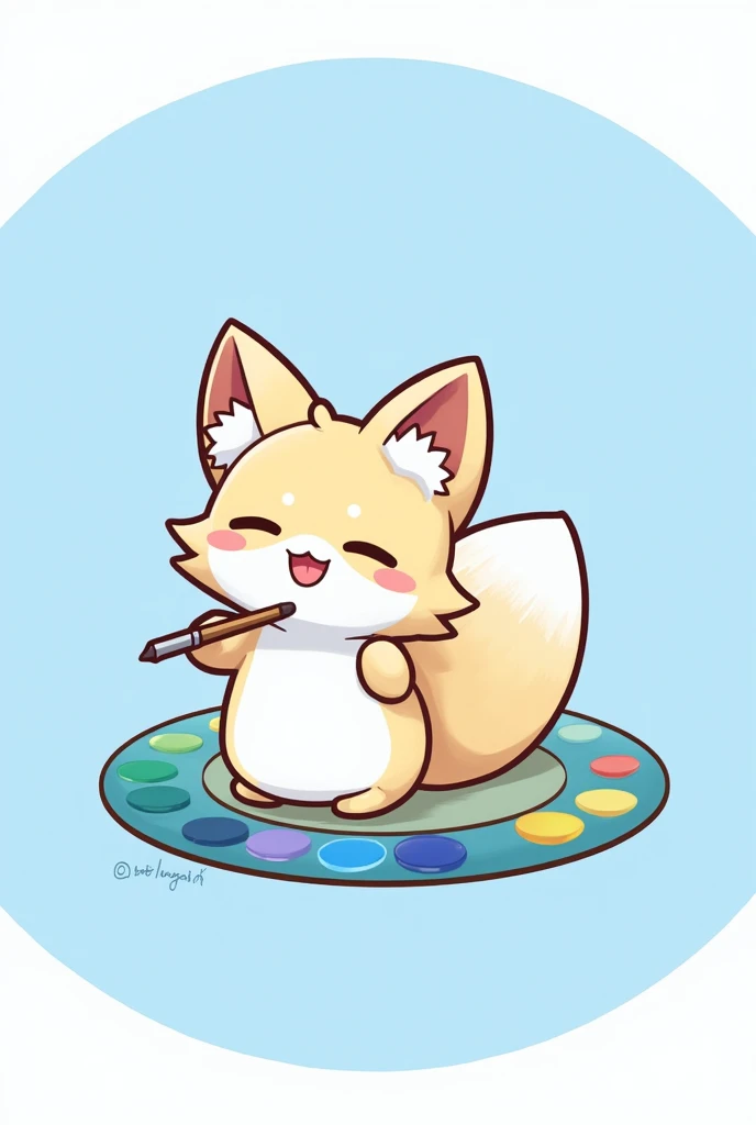 Digital 2D Artwork，Sticker style，Chibi style，A cute many-tailed fox chibi，A blue-bodied，The head and tail form a ring disk on the blue ring paint palette，Cute expression，Cute gestures，Cute pose，Furry，Interesting，Holding a paintbrush in mouth，Fox ears，Blue ...