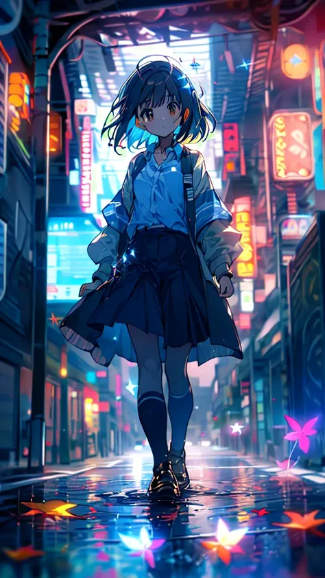 (Alone), cute (One girl) walk,path,[From below:1.2],Brown Hair,Short hair sign,Brown eyes,puddle,Water reflection,rain,Floating Droplets,autumn leaves(Blurred foreground),Dynamic Angle,asphalt,(blue sky),Lens Flare,uniform,(Sparkling:1.2)