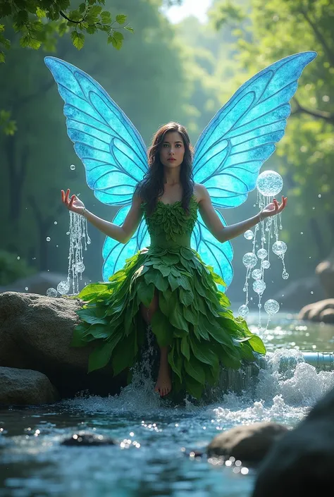 Look at the image of an ada sitting on a rock next to a river with mergansers wearing a green dress made of leaves with large blue and bright wings with water powers with that in less raising a small flow of water with a height of 1.5 centimeters lifting l...