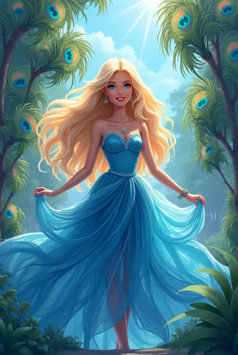 Could you create a wallpaper of the movie Barbie the girl from the island with the anime style With her blue dress and her peacock feathers behind and her hair combed