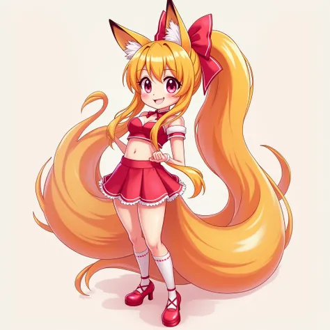 Teen, Absurdly Long Hair, High Ponytail, Orange Hair, Large breasts, Fox Ears, Tiny Waist, Pink Eyes, Fangs, Blush, Smile, Teeth, Hair Ribbon, Hair Bow, Red Crop Top, Red Mini Skirt, Red High Heels, Stockings