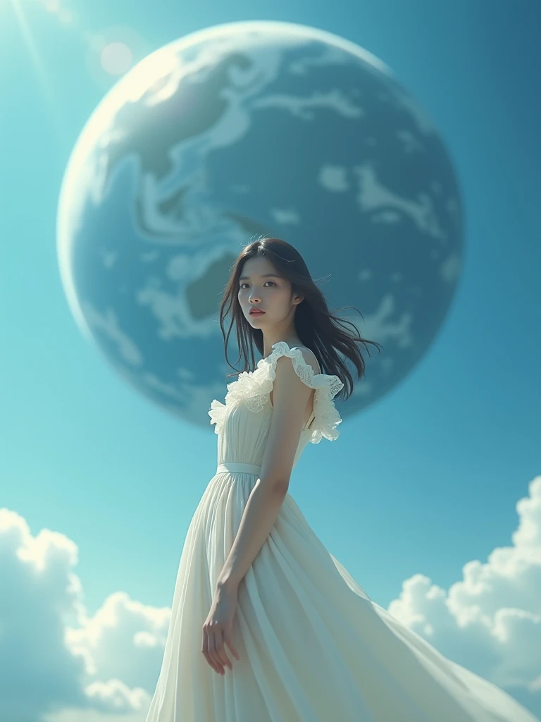 Angle from below, a Japanese woman, pretty face, Blurred background, beautiful blue dream world, big earth, Fantasy, Bokeh, Chromatic aberration, Bokeh, Photo_Curly, white wool frill a-line dress  Horizon, Model like, Detail imperfect, Shot with Leica, Ana...