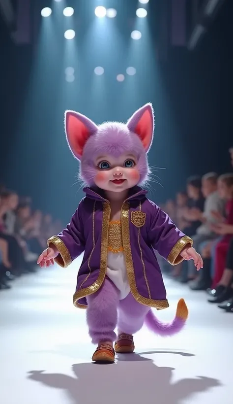 Human baby in a fashion show walking down the catwalk wearing a costume of the character Bills from Dragon Ball  , photo in 8k, 