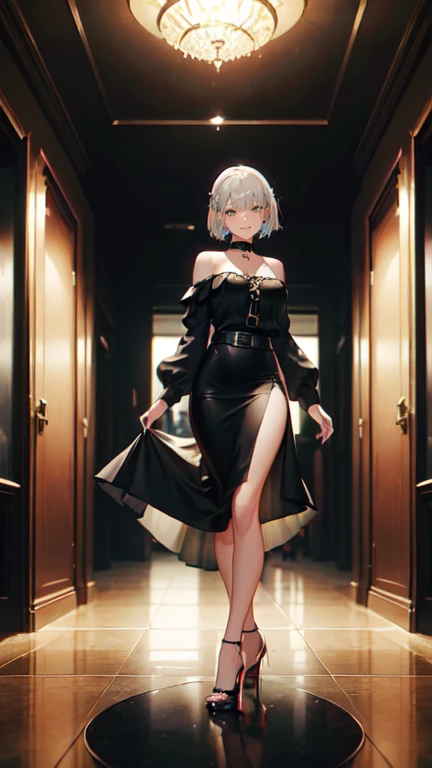 ((masterpiece, high resolution, better quality, better details)), ((Smiling)), ((one girl)) a girl standing, full body, maxi black skirt, blouse,((louboutin high heels)), green eyes , ((silver hair, mid short hair)), black choker, shiny skin, ((behind view...