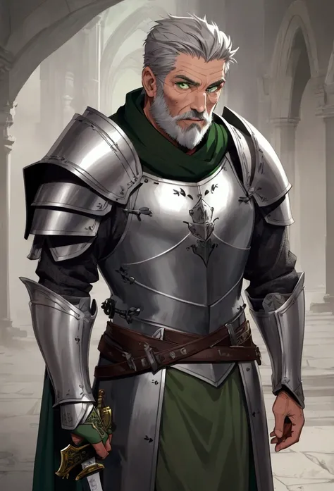 1 male, (((old male))), (Gray short hair), (gray beard), ((Green eyes)), ((Robust body)), medieval, (knight), standing, full body, (detailed face), sword, 