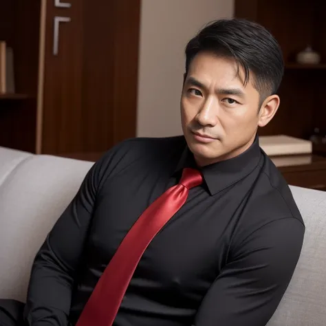 60 year old father,One Man、Black Shirt、Red tie、sofa、Businessman chairman,Muscular、Very short hair、Thinning hair、Asian Face　Stubble、Upper body close-up