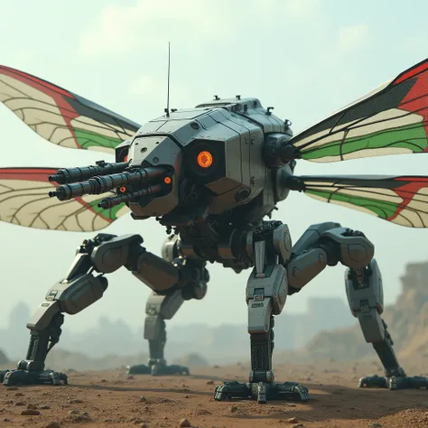 Giant robotic dragon fly with many gun,with Palestine flag motif 