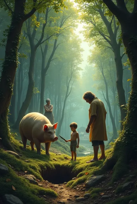 A forest scene with a small boy and his mother, both standing near a large pig. The boy looks mischievous, holding a knife, while the mother seems concerned and protective of the pig. The forest is dense, with sunlight filtering through the trees. In the d...