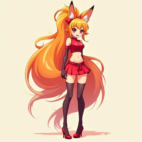 Teen, Absurdly Long Hair, High Ponytail, Orange Hair, Large breasts, Fox Ears, Tiny Waist, Pink Eyes, Fangs, Blush, Smile, Teeth, Hair Ribbon, Hair Bow, Red Crop Top, Red Mini Skirt, Red High Heels, Stockings, Standing Straight,