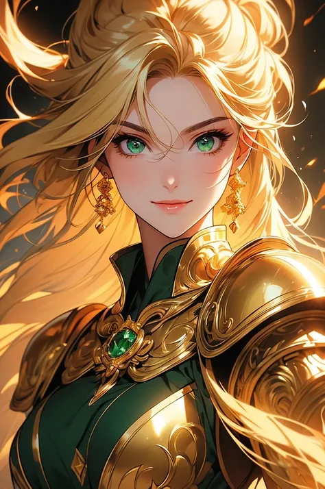 (masterpiece, 8k, 32k) naturally beautiful woman, perfect face, deep green eyes, golden and shiny hair, wearing equally golden and shiny armor, exuding extraordinary power. Background with golden energy surrounding the character, confident expression, conf...