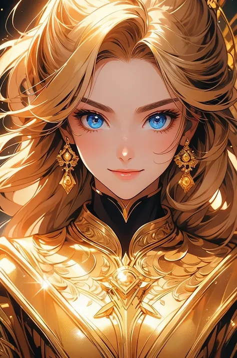 (masterpiece, 8k, 32k) naturally beautiful woman, perfect face, deep blue eyes, golden and shiny hair, wearing equally golden and shiny armor, exuding extraordinary power. Background with golden energy surrounding the character, confident expression, confi...