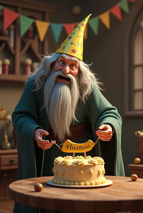 Gandalf with party hat knocking over a banana birthday cake and a banner reading "Matheus" On the scene 