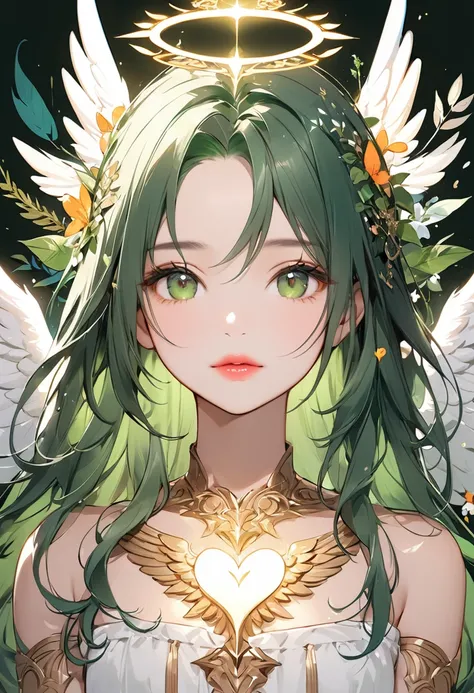 (masterpiece, best quality),subtle colors, post-grunge, concept art, paint splatters, intricate details. trends in art station, detailed depiction,contemporary art, BREAK (Her name is Zadkiel, a beautiful angel with a heart of compassion.teen,deep green ha...