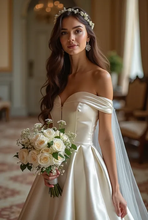 Realistic shot of a upper body portrait of a young brunette German bride aged 24 with long hair, hair band, Flower in hair, Necklace, smile. She playfully bends in front of the camera in a shiny metallic satin A-line wedding dress with off shoulder straps....