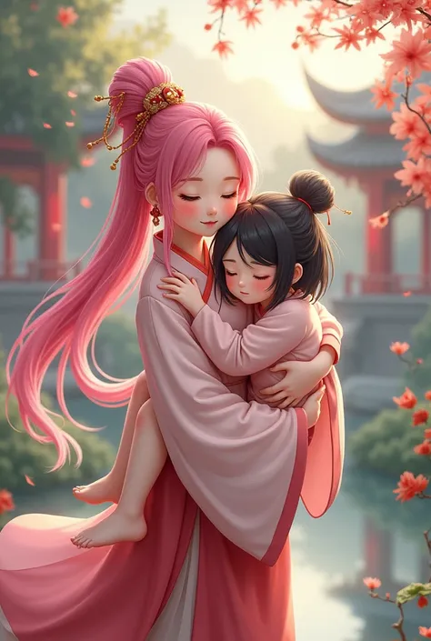 An image of a pink haired chinese girl with a smiling expression wearing a hanfu carrying a black short haired girl that looks Depressed and is wearing traditional chinese clothes