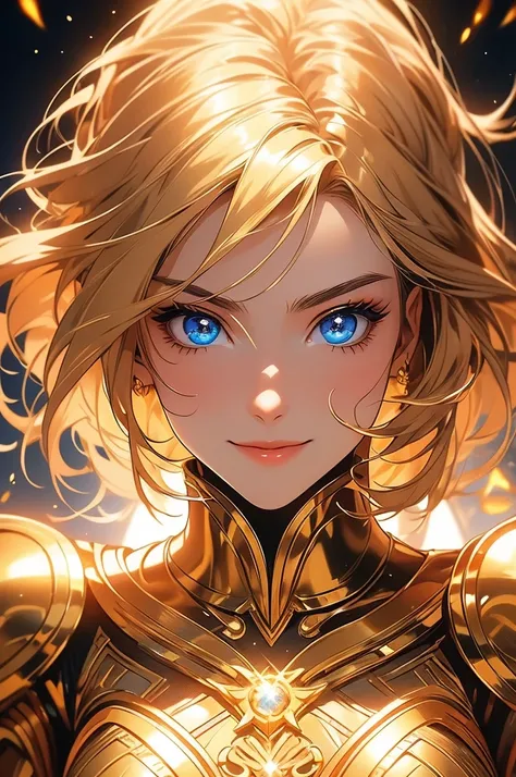 (masterpiece, 8k, 32k) naturally beautiful woman, perfect face, deep blue eyes, golden and shiny hair, wearing equally golden and shiny armor, exuding extraordinary power. Background with golden energy surrounding the character, confident expression, confi...