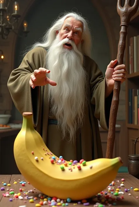 Gandalf knocking over a banana birthday cake 