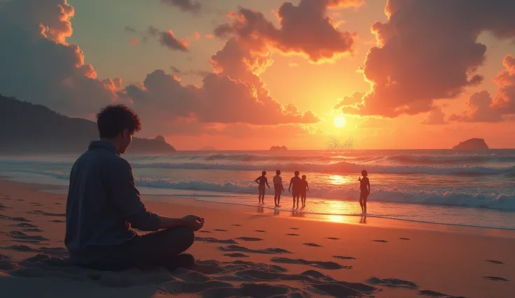 A hyper-realistic beach scene at sunset. In the foreground, a person sits alone, meditating, with a peaceful aura surrounding them. Further back, a group huddles around a bonfire, some laughing, others looking longingly at the solitary figure. The ocean wa...