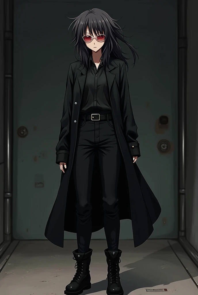 *A female figure Seem Quite mature she wearring Red tinted round glasses with Long messy hair She wear Trench coat black shirt she wearing Black trouser also she wearing belt wearring Long black military Boot her name is Mayurata Kionskiea Hellsing style w...