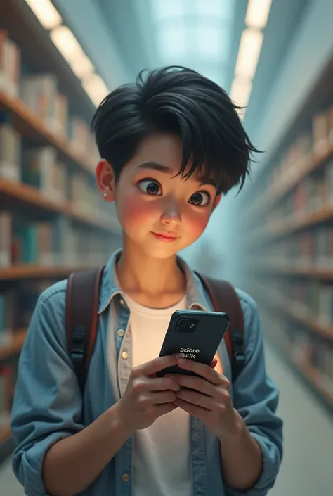 A  student holding a phone that aligns the think before you click concept 