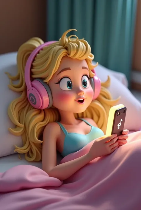 3d cartoon, of a cell phone open on spotify on the bed of a blonde woman with blue eyes lying down listening to the song "Violão" by 
artist Kurtz, with headphones