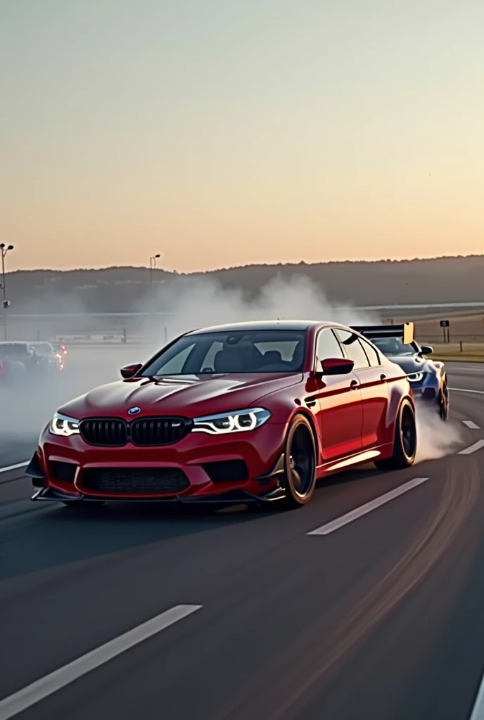  A Bmw M5 competition in red color with spoiler and a bad ass look at a race track defeating other super cars like McLaren knisegg and others while drifting. Without a driver and its photo should be from side angle and should be visible with wthe whole bod...