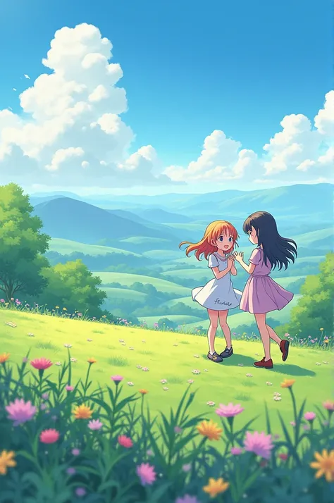 Two anime girls in a wide landscape, 