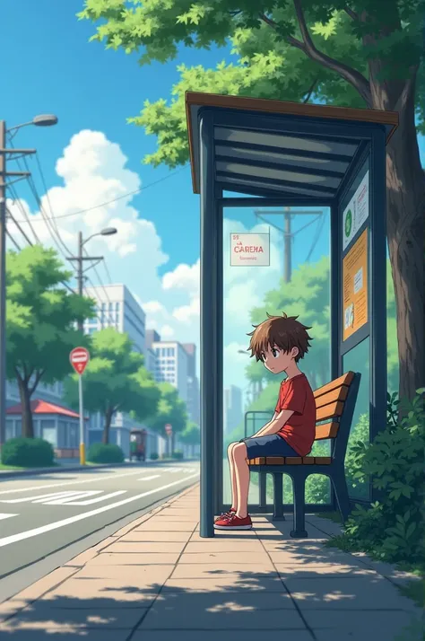 Anime boy at the bus stop