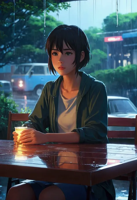 Anime girl sitting at a table in the rain, reflection. by Makoto Shinkai, dark. by Makoto Shinkai, Lo-fi Girl, Gweiz-style artwork, Portrait of Rofi, Digital Art Ilya Kuvshinov, Anime Art 1344X768,4K, アニメアート 4K, ( ( makoto shinkai ) )